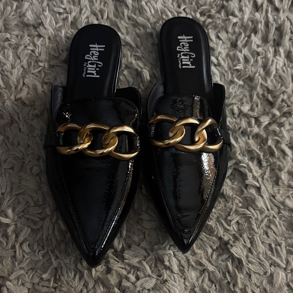 Corkys Black Loafers with Gold Chain Detail